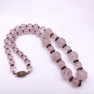 Shou Signed Carved Rose Quartz Vintage Chinese Necklace Vermeil Clasp